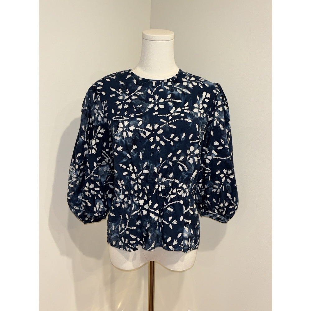 CIAO LUCIA Women's Blue White Front Gathered Blouse Top Size M